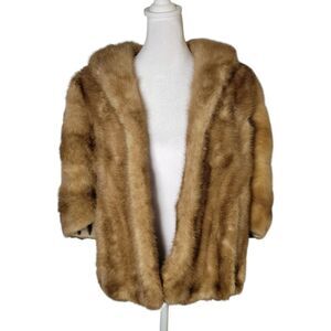 Vtg 50s Mink Fur Coat Shrug Honey Brown Cropped Cape Old Hollywood Glam Mob Wife